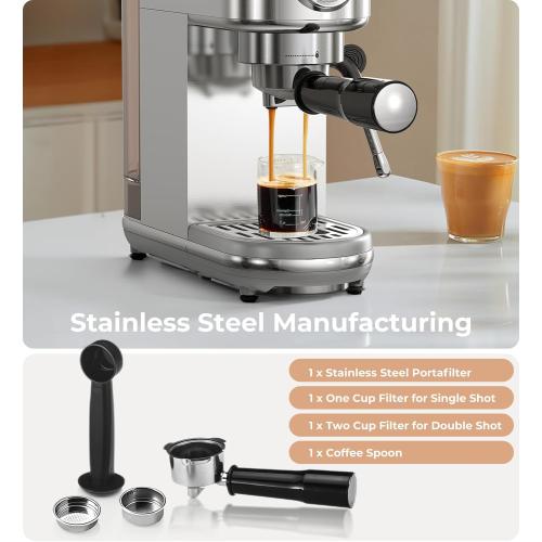 Espresso Machine with Milk Frother, 20 Bar Pressure Espresso Maker, with 44OZ Removable Tank, Compact Stainless Steel Coffee Machine for Home, Office, Latte, Cappuccino, Macchiato, Silver