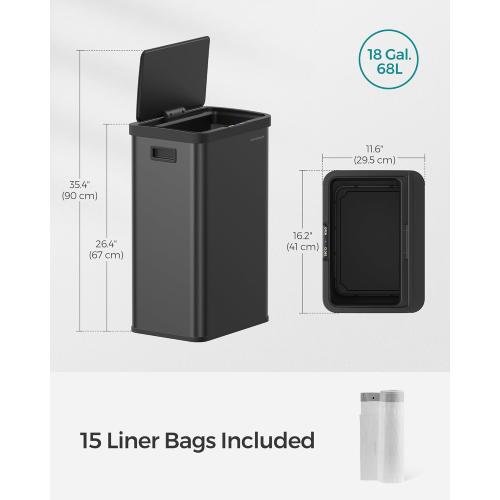 SONGMICS Motion Sensor Trash Can, Gallon Automatic Kitchen Garbage Can with Stay-Open Lid, Soft Close, Stainless Steel, 15 Trash Bags Included, Ink Black ULTB630B68