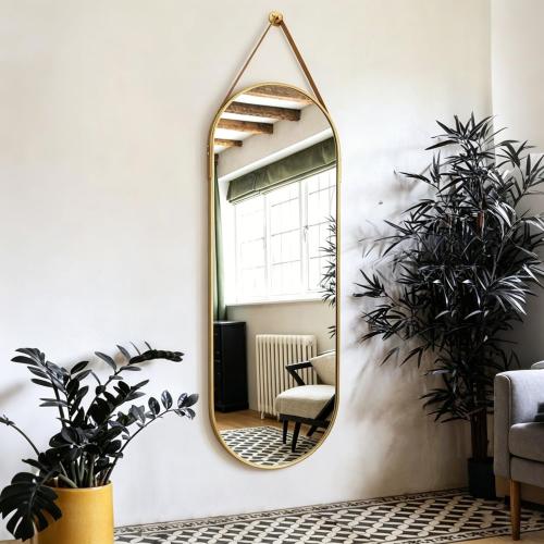 OGCAU 48 x 16 Full Length Mirror Wall Mounted Hanging Mirror, Oval Gold | Aluminum Alloy Frame, Oval, Hanging Leather Strap, Wall Mounted, for Bedroom, Bathroom, Living Room, Entryway, Cloakroom