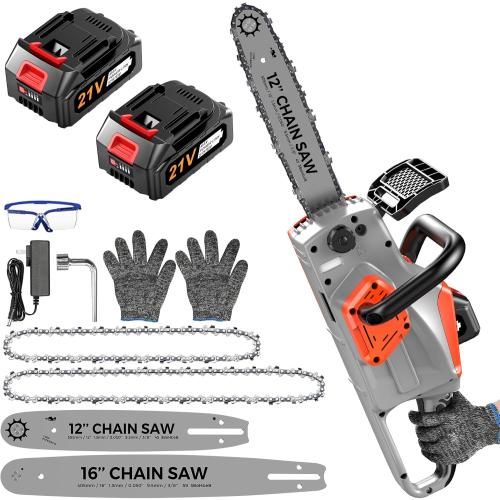 Battery Powered Chainsaw 16 inch,Electric Cordless Chainsaw with 2 Batteries and Charger.Brushless Chain Saw with 12-inch Replacement Guide Bar and Chain.Perfect for Tree Trimming and Wood Cutting