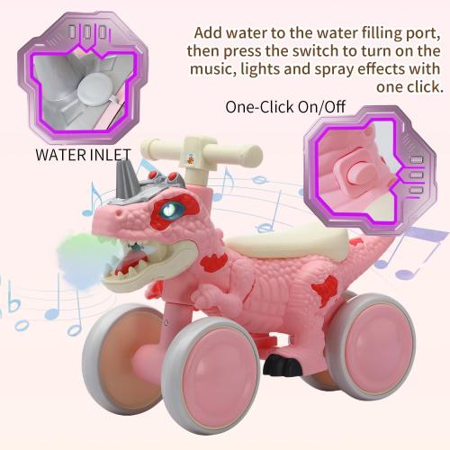 Color green Dinosaur Balance Bike for 1-3 Year Olds, Toddler 4-Wheel No-Pedal Walker Scooter with Music & Mist Spray Effects, ASTM Certified First Birthday Gift for Boys & Girls