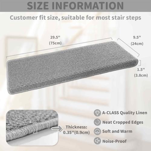 Bullnose Carpet Stair Treads, Non Slip Stair Treads for Wooden Steps Indoor, Stair Runner, Soft Stair Rugs, Edging Stair Protectors, Washable, 29.5x9.5x1.5 14pcs, Grey