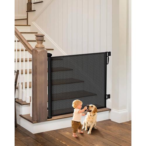 Retractable Baby Gate - 55 Wide Mesh Pet Gate with Anti-Crawling Hook, Safety Lock, One-Hand Operation, 34 Tall Baby Gate for Stairs, Doorways, Hallways, Garage, Indoor Outdoor, Black