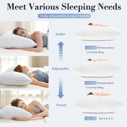 Yettbea Adjustable Shredded Memory Foam Pillows Queen Size Set of 2, Luxury Bamboo Cooling Pillow w/Washable Zippered Cover, Soft or Firm Support Bed Pillow for Side, Back, Stomach Sleeper