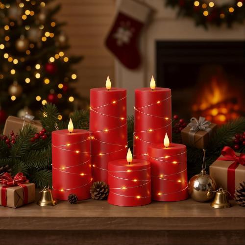 Raycare Flameless Candles with Remote Timer, Flickering Battery Operated LED Pillar Fake Candle with String Lights for Home Decor, Christmas, Wedding and Gift, Red, Set of 5