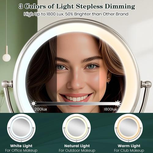 VESAUR 11.8 Extra Large 17 Tall Lighted Makeup Mirror, 1X/5X/10X 3-Sided Magnifying Mirror with 96 LEDs, 3 Color Dimmable Lights, 360° Swivel Dual Power Vanity Mirror, Nickel Finish Luxury Gift Box