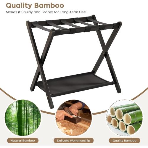 Fully Assembled Black Luggage Rack for Guest Room, Bamboo Folding Suitcase Stand with Fabric Storage Shelf, 5 Nylon Straps, Upgraded Luggage Rack Holder for Bedroom Hotel, Holds up to 165 Lbs, 1pcs