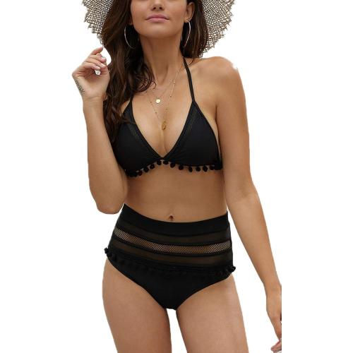 Size Medium Color Black Flygo Women's Mesh High Waisted Bikini Set Tassel Trip Hater Neck Top Swimsuit