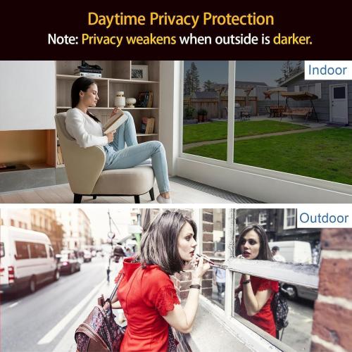 One Way Window Privacy Film Sun Heat Blocking, Reflective Mirror for Glass Windows Cover, Static Cling, Removable, Anti-UV, Anti-Glare Window Tint for Home, Black-Silver, 41.3 Inch * 78.74 Inch
