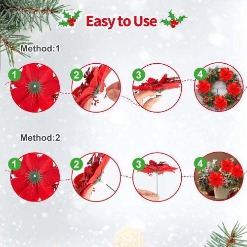 SPORTYOUTH 30 Pcs Red Poinsettia Artificial Christmas Flowers with Clips Stems, 5.5 Xmas Tree Decoration Ornaments Glitter Poinsettias Flower for Wreath Garland New Year Holiday Wedding Home Party