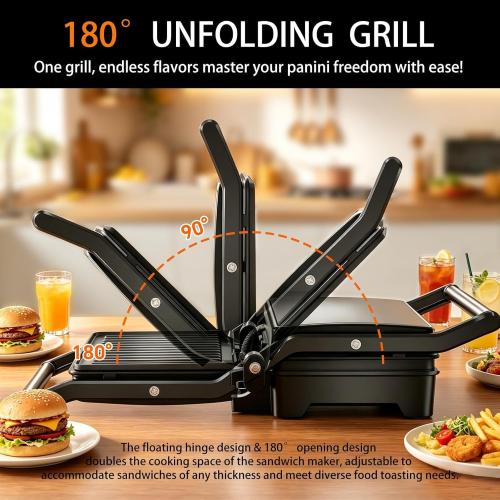 Panini Press Grill, Sandwich Maker with Non-Stick Coated Plates & Removable Drip Tray, 3-in-1 Electric Sandwich Press Opens 180° Flat, Stainless Steel Exterior with Overheat Protection,1000W, Black