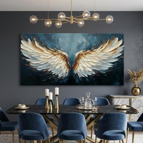 ZESTRILIA Angel Wings Wall Art Blue Oil Painting Reproduction Print Modern Abstract Canvas Paintings Waterproof Artwork Picture for Living Room Bedroom Home Office Kitchen Décor (28x58inch)