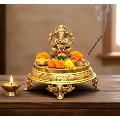 eSplanade Brass Decorative Round Pooja God Stool | Brass Chowki | Home Decor Sitting Table - 7 Inches
