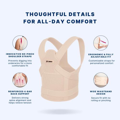 Fit Geno Back Brace Posture Corrector for Men & Women: Shoulder Straightener Adjustable Full Back Support Pain Relief - Scoliosis Hunchback Spine Corrector (Small)