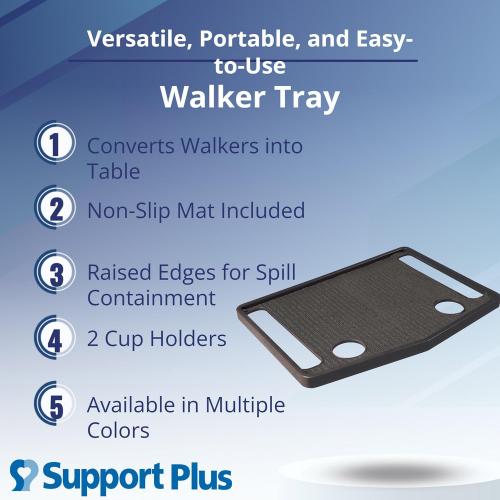 Support Plus Walker Tray Table - Mobility Table for Walker With Non-Slip Mat, Accessories, and Cup Holder (21x16) - Gray