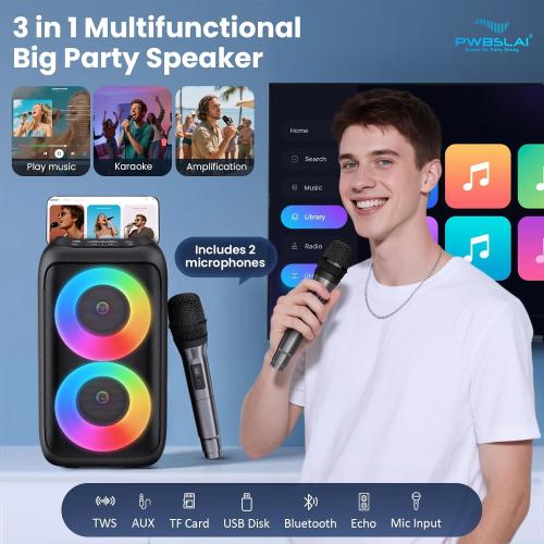 Bluetooth Speaker with 2 Wireless Microphones - Big Party Speaker for Adults Kids Karaoke with Lights - Portable Rechargeable Floorstanding Speakers Support TWS/AUX/USB/TF Card for Home Party Gift
