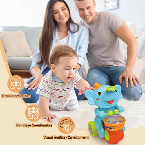 Baby Elephant Musical Crawling Toy with Lights, Sounds, Blowing Ball, Infant Sensory Toys, Birthday Gifts for Kids Boy Girl 3 4 5 6 7 8 Years (Blue)