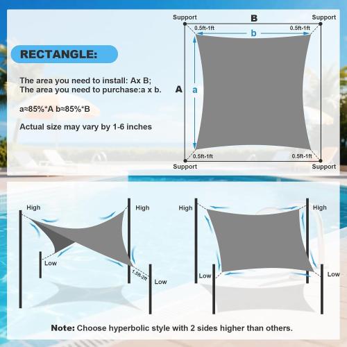 Above Ground Pool Sun Shade Sail, 95% UV-Resistant Shade Cloth 15-22FT Pool | Outdoor Rectangle Canopy with Shade Sail Hardware Kit for Pools, Deck, Backyard Essentials, 16x20FT, Black
