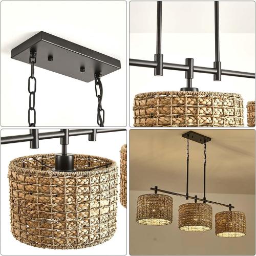 Rattan Chandeliers for Dining Room,Farmhouse Handed Woven 3-Light Linear Pendant Light Fixtures for Kitchen Island Living Room