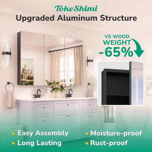 TokeShimi 14 x 18 Black Medicine Cabinet with Mirror, Aluminum Mirror Medicine Cabinet Wall Mounted or Recessed with Stepless Adjustable Amply Storage Metal for Modern Farmhouse