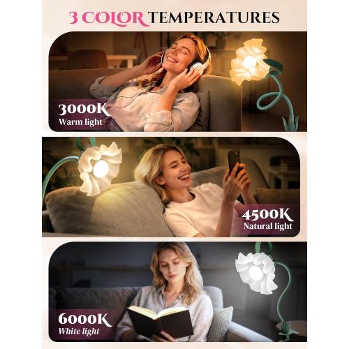ONXE Clip On Light and Flower Desk Lamp, Flexible Gooseneck Reading Book Light with 3 Color Modes Cute Table Lamp Decor, Clip on Bedside Lamp for Bed Headboard,Table, Nursery,Dorm (Green-02)