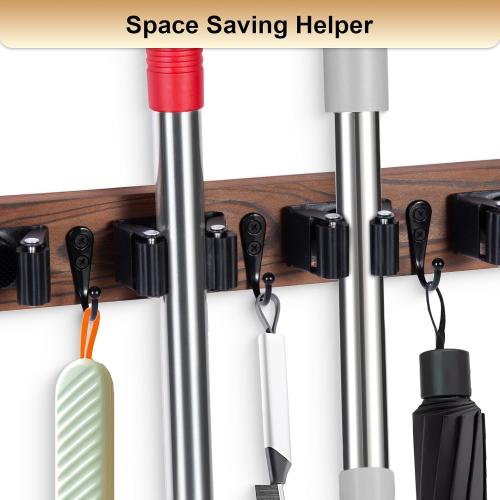 Broom Holder Wall Mount With 5 Slots & 4 Hooks，Rustic Wood Broom & Mop Hanger，