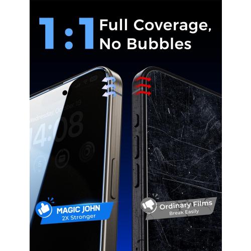 MAGIC JOHN 2 Pack for iPhone 15 Pro Max 6.7 inch Privacy Glass Screen Protector, Auto Dust-Elimination Installation, Bubble Free, Easy Installation
