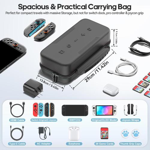 Carrying Case Compatible with 2025 Nintendo SW 2, Large Switch 2 Case Travel Bag Fit for Joycon & Adapter, Protective Switch 2 Carry Holds 28 Game Cards for Game Cube Game