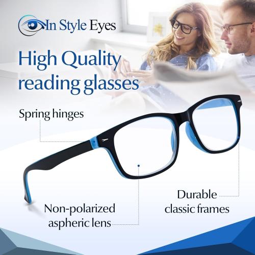 Color Black and Blue In Style Eyes Super Strong Eye Glasses, High Magnification Womens Reading Glasses - Non-Polarized Lens for Men