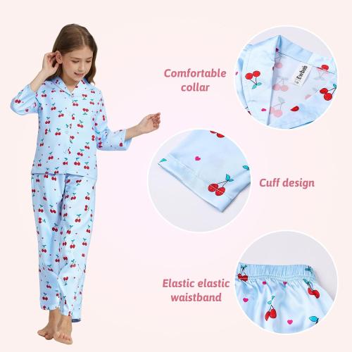 Girls Silk Satin Pyjamas Set Short Sleeve Button-Down Kids PJs Breathable Soft Nightwear Children Sleepwear Age 5-14