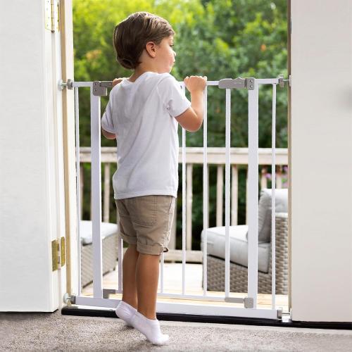 InnoTruth 28.9-42.1 Wide Baby Gate for Stairs & Doorways, 30 Tall Pressure Mounted Dog Gates for Stairs Expandable One-Hand Open, Easy Step Walk Through Dual Lock Metal Pet Gates for Dogs, White