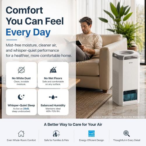 Afloia 1000ml/h Mist Free Humidifier and Air Purifier in One for Bedroom | Evaporative Humidifier Combo, 4-Way Airflow, Top Fill Design, Quiet Sleep Mode, Up to 20H Runtime, Auto Humidity Control