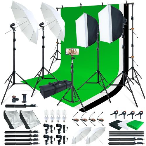 LINCO Lincostore Photo Video Studio Light Kit AM169 - Including 3 Color Backdrops (Black/White/Green) Background Screen