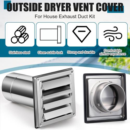 Shimeyao 4 Wall Vent Cover Stainless Steel Outside Dryer Vent Covers for House Exhaust Duct Kit with Removable Extension Pipe 8 Inch and 4 Screw for House Outdoor Extended Air Pipe, Silver