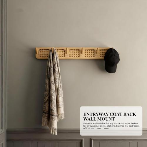 Coat Rack Wall Mount, Rattan Coat Hooks Hanger Wall Mounted, 6 Heavy Duty Bamboo Hooks Rack Rail for Hanging Clothes Hats Bags Robes Towels Plants, White (Natural)