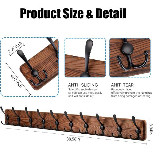 Gohiuo Rustic 38.6 Large Coat Rack Wall Mount, Long Wood Coat Hooks with 10 Triple Hooks, Heavy Duty Wooden Coat Hanger Wall Mount for Entryway, Farmhouse Hanging Jackets, Coats, Hats, Bags,Towel
