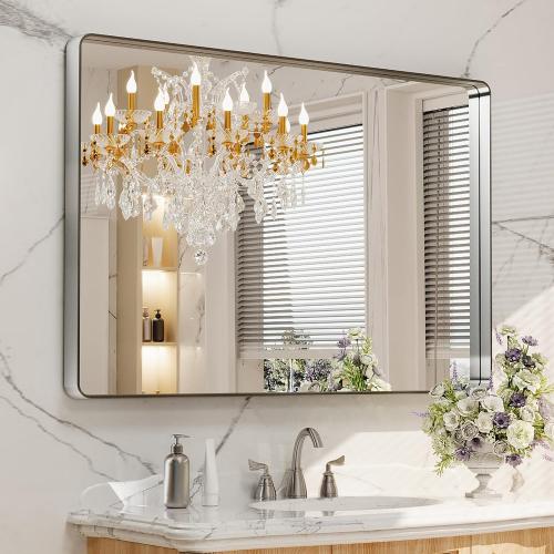 LOAAO  26X34.  Inch Brushed Nickel Bathroom Mirror, Rounded Rectangle Silver Metal Frame Mirror, Brushed Nickel, Anti-Rust, Shatter Proof, Hangs Horizontally or Vertically