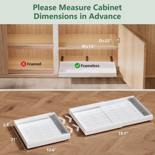 Pull Out Drawers Organizer for Kitchen Cabinets, 21 Deep, Expandable Cabinet Drawers Slide Out with Adhesive, Adjustable Deep Roll Out Cabinet Shelves for Pantry Pots Pans (White-1 Pack)