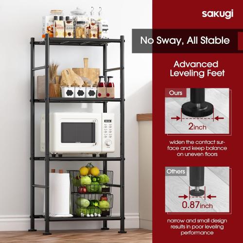 Storage Shelves - 4 Tier Shelf Organizer, Heavy Duty Garage Shelving Unit with Leveling Feet, Stable Metal Shelves Organizer for Pantry, Kitchen and Closet, 18.4 W x 12.6 D x 44.2 H, Black