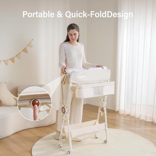 Maydolly Changing Table，Portable Diaper Changing Station, Foldable Baby Changing Table,Compact Nursery Diaper Changing Table for Baby，Adjustable Height，Mobile on Wheels (Beige)