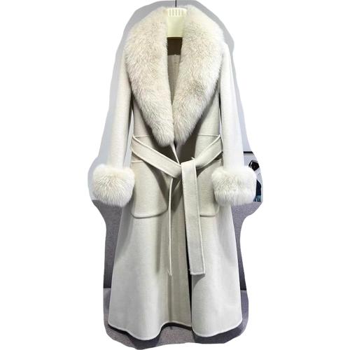 Youlander Fur FE-05 Long Coat With Real Fox Fur Big Collar And Big Cuffs And Belt For Women Soft Jacket Wool Coats size small