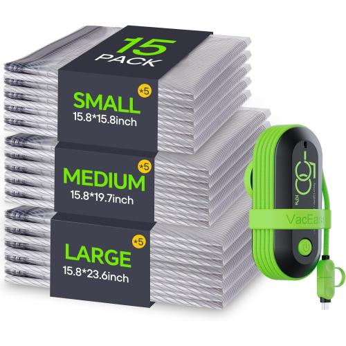 Vacuum Bags for Travel with USB Electric Pump, 15 Pack Carry-on Size Compression Packing for Luggage and Suitcase, Space Saver Bags for Clothes and Clothing Travel