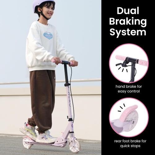 AERO MOBILITY Two-Wheel Kick Scooter for Kids 5-8 with Dynamic RGB Lights | Light Up Wheels | Hand Controlled Brake | Shock Absorption | Foldable & Height Adjustable, 110lbs Max