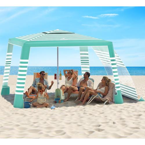 Rhino Valley Beach Cabana, 8 * 8FT Beach Tent UPF50  Protection, Easy Setup Beach Canopy Wind Resistant with Cup Holder, Compact Beach Shade Foldable Beach Tent Sun Shelter, Green White