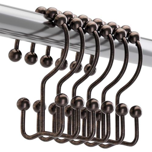 Titanker Shower Curtain Hooks Rings, Rust-Resistant Metal Double Glide Shower Hooks for Bathroom Shower Rods Curtains, Set of 12 Hooks - Bronze