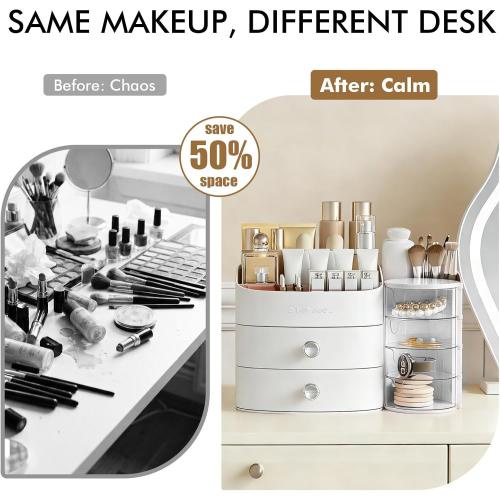 Makeup Organizer Countertop with Drawers, Make up Organizers for Vanity, Skincare Jewelry Earring Organizers, Cosmetic Display Cases Makeup Storage for Bedroom & Bathroom, Ideal Gifts for Women(White)