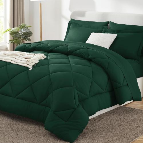 GREEN CozyLux Queen Comforter Set Emerald Green - Bed in a Bag Queen Size 7 Pieces, Luxury Soft Bed Set for All Seasons, Bedding Set with Down Alternative Comforter, Sheets, Pillowcases & Shams