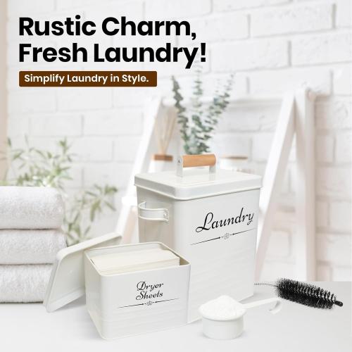 Farmhouse Metal Laundry Pods Container with Dryer Sheet Holder for Organization and Storage, Laundry Room Decor - Holds 156 Pods and 300 Sheets (White)