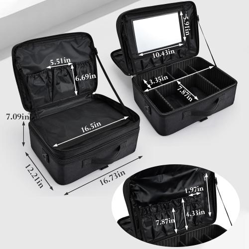Large Makeup Bag, 17” Makeup Train Case Big Make up Nail Bag Organizer Case 3 Layers Artist Travel Organizer Box Tattoo Carrying Cases Vanity Bag with Mirror/Shoulder Strap/Attach to Suitcase