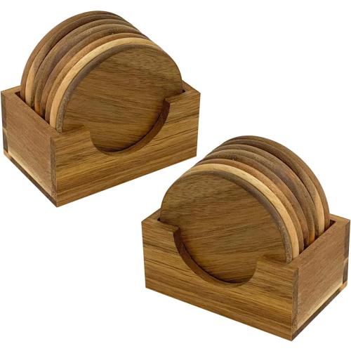 Acacia Wood Drink Coasters with Holder, Two Sets of 8 Pieces Coasters 3.72 Inch Round Wood Coasters for Cup,Dad Gifts,Tabletop Protection